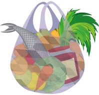 Plastic transparent shopping bag full of fruits vegetables and f