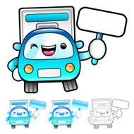 The Delivery Truck mascot holding a board