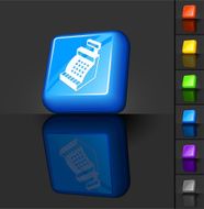 A 3-D button design featuring a cash register on blue