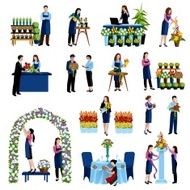 Florists arranging flowers flat icons set