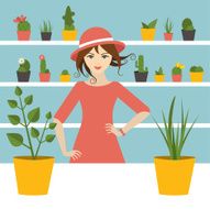 Florist sales woman in flower store Flat design