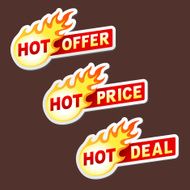 Hot offer price and deal flame vector sticker badges