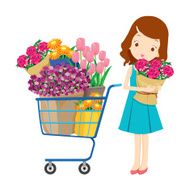 Girl and shopping cart full of flowers