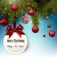 Christmas gift card with red ribbon and baubles