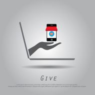 hand hold mobile shop from laptop vector icon