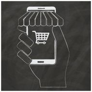 human hand holding smart phone and cart application