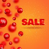 Sale poster 3d red balls with percents on orange background N2