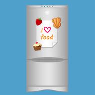 Icon with refrigerator and note &quot;I love food&quot; on magnets