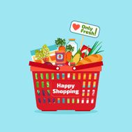 Supermarket shopping basket with fresh and natural food