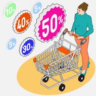 Isometric Grocery Shopping - Sale Walking Woman with Empty Sho