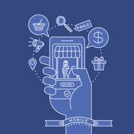 outline icons and smart phone in hand digital marketing concept