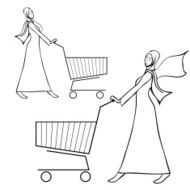 Abaya dressed arab woman pushing a shopping cart