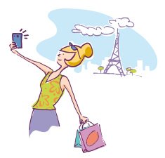 Young woman holding bags and making a selfie in Paris