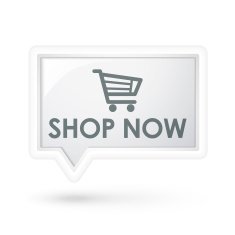 shop now with cart icon on a speech bubble