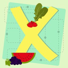 Letter "x" from stylized alphabet with fruits and vegetables