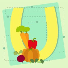 Letter "u" from stylized alphabet with fruits and vegetables