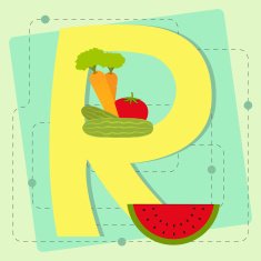 Letter "r" from stylized alphabet with fruits and vegetables