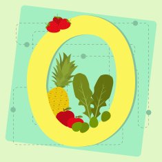 Letter "o" from stylized alphabet with fruits and vegetables