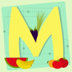Letter "m" from stylized alphabet with fruits and vegetables