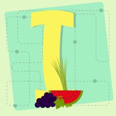 Letter "i" from stylized alphabet with fruits and vegetables