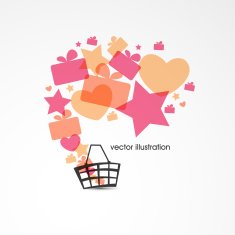Sale design with basket multicolored gift boxes stars and hearts