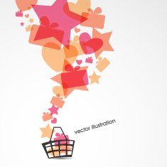 Sale design with basket multicolored gift boxes stars and hearts N2