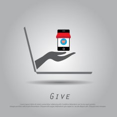 hand hold mobile shop from laptop vector icon