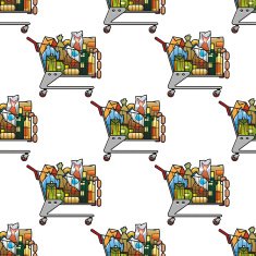 Seamless background pattern of a cart groceries