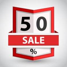 Red badge with fifty percent sign
