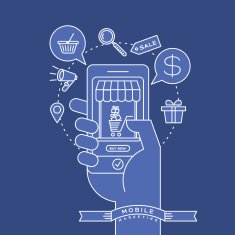 outline icons and smart phone in hand digital marketing concept