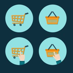 shopping cart flat icon with hand cursor