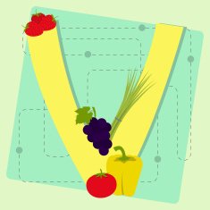 Letter "v" from stylized alphabet with fruits and vegetables