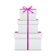 Stack of three realistic white gift boxes with pink ribbon N4