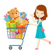 Girl pushing shopping cart full of gifts