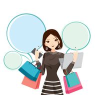 Woman holding notebook smartphone and shopping bags N2