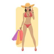 Woman in swimsuit holds phone and bags N2