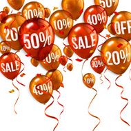 Orange flying party balloons with text SALE and discount