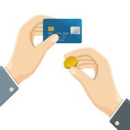 Two Hands with Plastic Credit Bank Card and Gold Coin