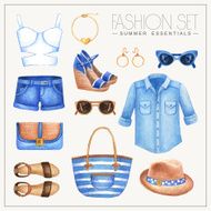 Fashion watercolor woman&#039;ÂÂs outfit with shirt hat shorts and top N2