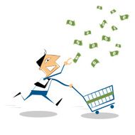 Cartoon businessman running with shopping cart to grab the money