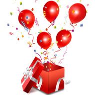 Balloons out of the open red gift box