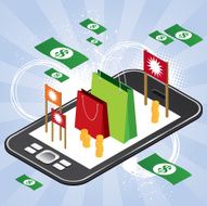 Shopping by phone with money and bags