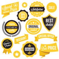 Badges stickers ribbons and insignias set Black yellow colors