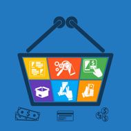 Shopping basket with icons of online e-commerce N2