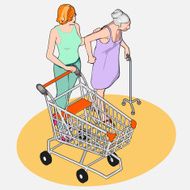 Isometric Grocery Shopping - Adult and Senior Women with Shoppin