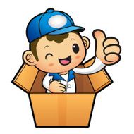 Blue Delivery Man the hand best gesture in cardboard boxes