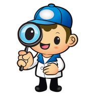 Blue Delivery Man mascot examine a with magnifying glass