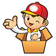 Red Delivery Man Mascot in box the hand guide
