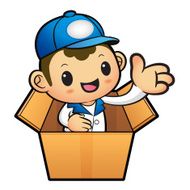 Blue Delivery Man Mascot in box the hand guide