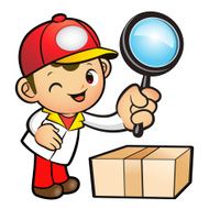Red Delivery Man mascot examine a with magnifying glass